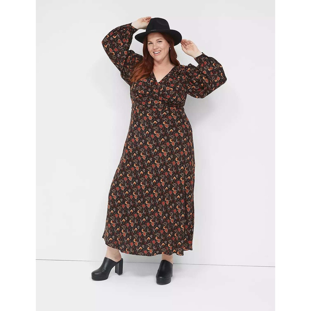 Lane Bryant Womens Long Sleeve Seamed‎ Bodice Maxi Dress Size 20 Orange Floral